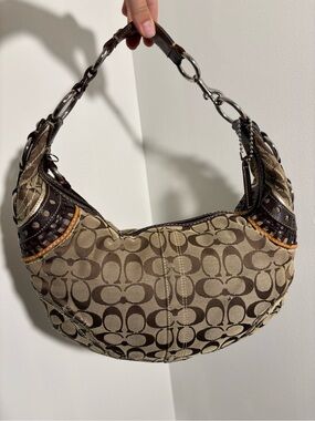Coach 10611 Signature Canvas Leather Trim Shoulder Bag Brown Tan